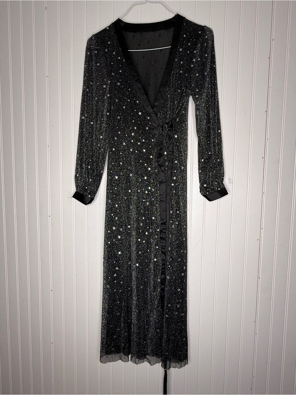Tina Sheer Long Sleeve Textured Midnight Star Print Midi Maxi Wrap Dress Small